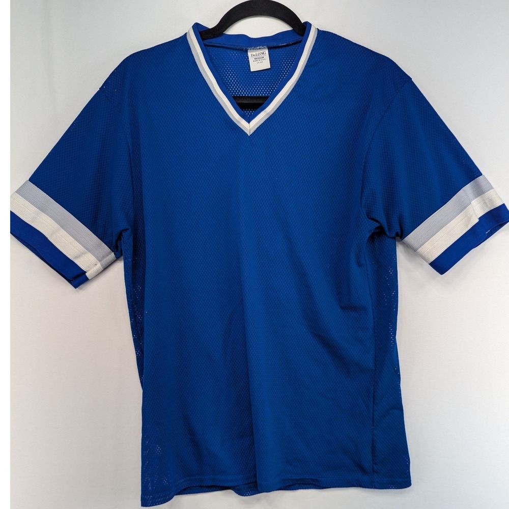 Vintage DeLONG Blue Mesh Athletic Jersey V-Neck Number 1 Made in USA Mens Medium